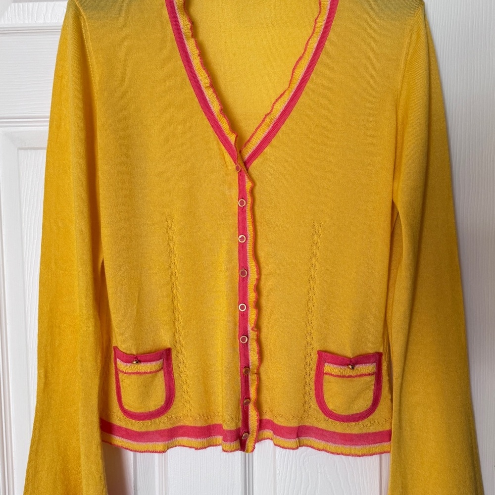 OSCAR DE LA RENTA Excellent Bright Yel/Hot Pink Cardigan Cashmere/Silk SzM ITALY